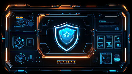 A futuristic display featuring  a shield symbol 