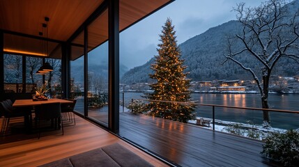 Fototapeta premium Cozy Chalet Interior with Christmas Tree in Switzerland
