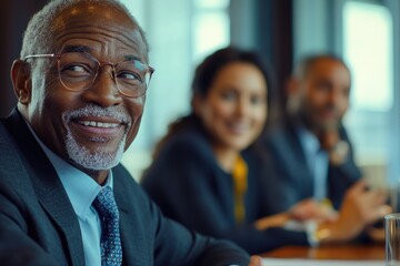 Businessman smiling during a meeting with colleagues.