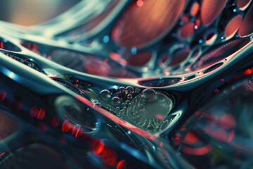 Close-up of vibrant water droplets with a refractive surface, creating an abstract and visually striking image.