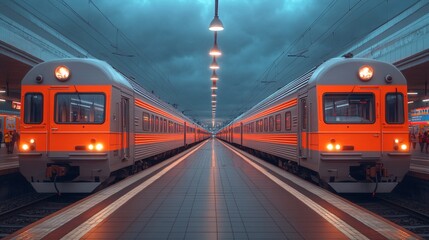 Fototapeta premium Trains Stationed Under Dramatic Sky