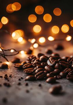 A close-up of coffee beans scattered on the table, surrounded by fairy lights