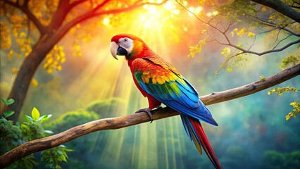 Color this vibrant parrot perched on a tropical branch, a double exposure masterpiece.