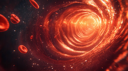 Flowing blood cells in a glowing vein tunnel symbolizing circulation vitality and the microscopic processes of the human cardiovascular system. Sanguine. Illustration