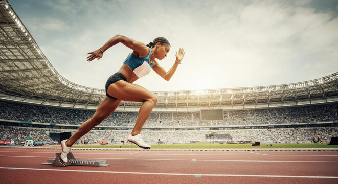 Female runner launching from starting line in a stadium race.