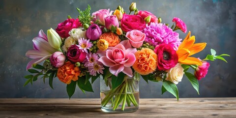 Vibrant colorful mixed floral arrangement with peonies roses and lilies in a elegant vase , arrangement, elegant,  arrangement