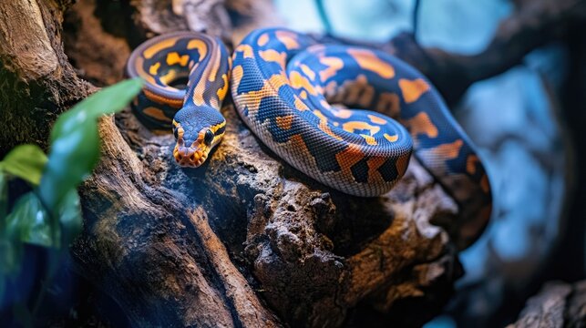 Python, with bright pattern, coiled on tree branch. Natural habitat. Animal behavior and survival.