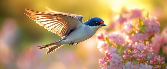 Fototapeta premium Majestic Blue-Capped Bird in Flight, Spring Blossom Background