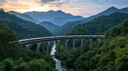Futuristic Train on Suspension Bridge at Sunset