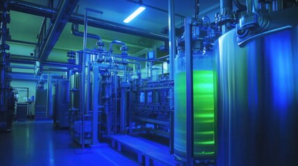 Industrial facility with illuminated tanks, likely for chemical or biological processes.