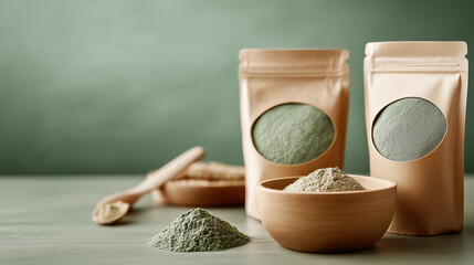 Seaweed powder Kraft resealable pouch mockup, wildcrafted with soft green hues and minimalist spa-inspired styling against a muted background.