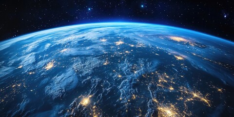 Stunning satellite view of Earth, highlighting global communication and infrastructure at night through a data overlay. The image demonstrates the interconnectedness and illumination of our planet.