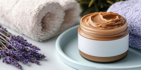 A Mocha Mousse jar of body butter with a white label, placed on a pale blue tray with lavender and offwhite towels under warm ambient lighting Mockup design Luxury mocha mousse tone.
