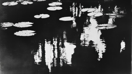Abstract black and white photo of lily pads and reflections in dark water.