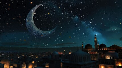 Night sky with a large crescent moon and a city with many buildings. The moon is surrounded by stars and the buildings are lit up at night. Scene is peaceful and serene, with the moon