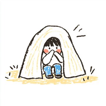 Playful Child Hiding Under Blanket Illustration: Sweet, Whimsical Hand-Drawn Sketch. AI Generated