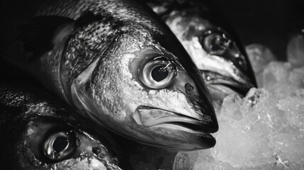 A variety of fresh fish including bass and cod, stored in blocks of ice for freshness. These fish are commonly used in sushi dishes and are available at a local seafood market.
