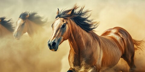 Obraz premium Horse is running through a sandy area. The horse is brown and has a long mane