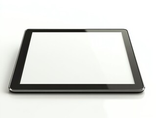 Black tablet computer with blank white screen, isolated on white background.
