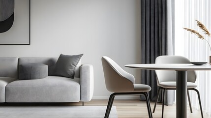 Dining table and chair against a gray sofa in a Scandinavian dining room.
