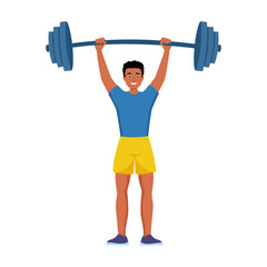 Obraz premium Black man lifting barbell in gym. Guy training strength of muscles at fitness workout, physical exercise of athlete cartoon vector illustration.