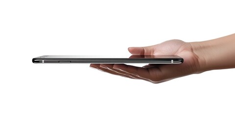 Hand holding a black cell phone. The phone is rectangular and has a glass screen. The hand is positioned above the phone, with the fingers spread out. Concept of modern technology