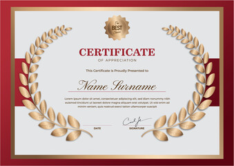 Diploma certificate template with gold and red tones