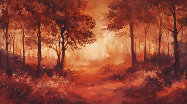 A mystical landscape in sanguine: capturing the depth and emotions of earthy tones under warm sunlight. Sanguine. Illustration