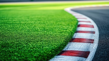 Curved Race Track with Green Grass and Red White Marker Lines