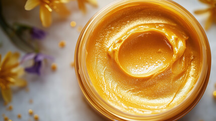 Elegant saffron extract face mask treatment featuring golden tones, sophisticated textures, and space for luxury skincare copy.