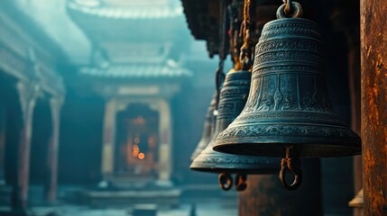 Fototapeta premium Majestic Temple Bells Hanging in Mystical Ancient Sanctuary