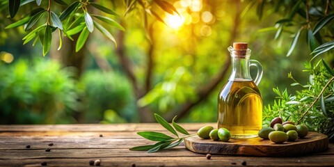 Bottle of extra virgin olive oil on a rustic wooden table amidst lush greenery and natural textures, extra virgin olive oil, pantry