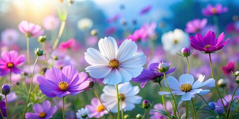 Field of vibrant cosmos flowers swaying gently in a breeze with petals ranging from light purple to deep blue and white hues , garden scene, cosmos field