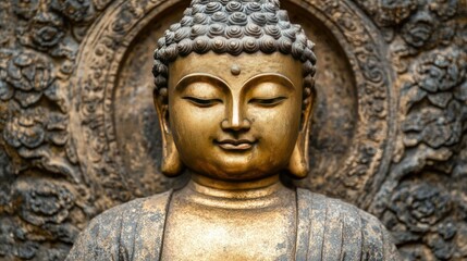 Fototapeta premium Serene Buddha Statue Carved in Stone with Intricate Details