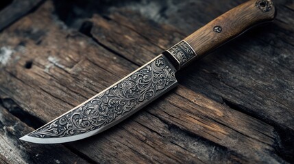 A beautifully crafted knife with intricate designs and a wooden handle on a rustic wooden surface.