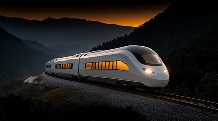 Fototapeta premium Modern High-Speed Train on Mountain Slope at Dusk