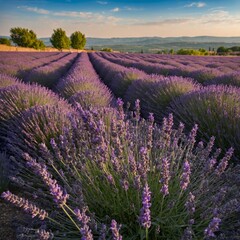 Obraz premium A vibrant field of lavender swaying in the breeze against a backdrop of a French countryside.