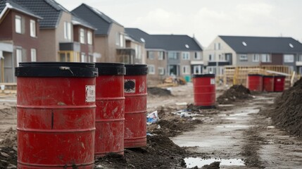 Fototapeta premium Waste Barrels at Suburban Construction Site