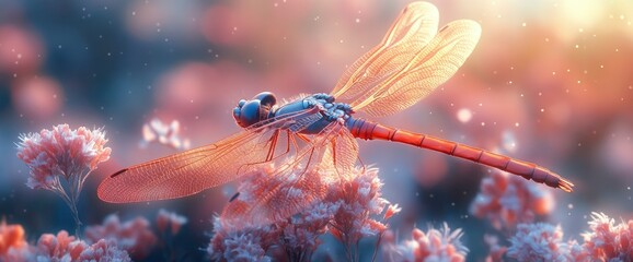 Naklejka premium Dreamlike Dragonfly on Delicate Pink Flowers at Sunrise