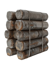 Stack of steel bars bound with wire for construction.