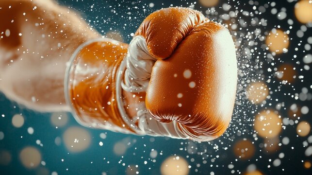 Boxing fitness ad template, close-up of hands in boxing gloves ready to punch, strong text space for class details, gritty and motivational look - Powered by Adobe