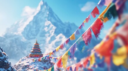 Colorful Prayer Flags Against Majestic Mountain Landscape View