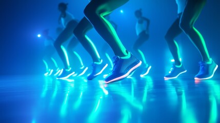 Dance fitness class ad template, group of dancers in a well-lit studio, ample area for class details, bright and dynamic layout