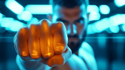 Energetic fitness ad template, close-up of athlete in a fighting stance, spacious overlay for class details, intense colors and high energy