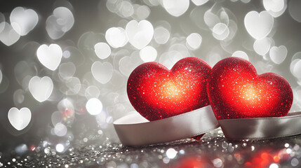 two vibrant red hearts linked with a stylish red ribbon, placed on a smooth silver background with...