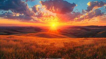 A breathtaking sunset over rolling hills, with vibrant colors filling the sky and a warm glow casting over the tranquil field