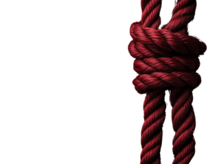 Twisted red rope with intricate knot design.