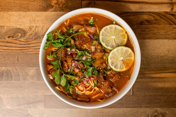 Tibetan noodle soup in a bowl