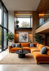 Modern Contemporary Living Room with Floor-to-Ceiling Windows and Natural Wood Accents for a Cozy Atmosphere
