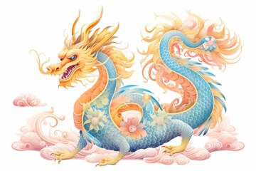 Fototapeta premium Mythical dragon illustration fantasy realm digital art vibrant colors artistic perspective